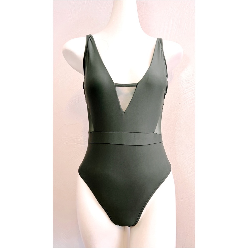 EUC Tinibikini Women’s Olive Green One Piece Swimsuit Mesh Panels Medium 1 Flaw